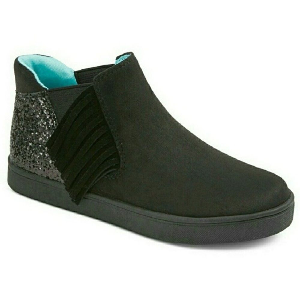 Cat & Jack Black faux suede slip on Chelsea short sneaker boots glitter fringe 5